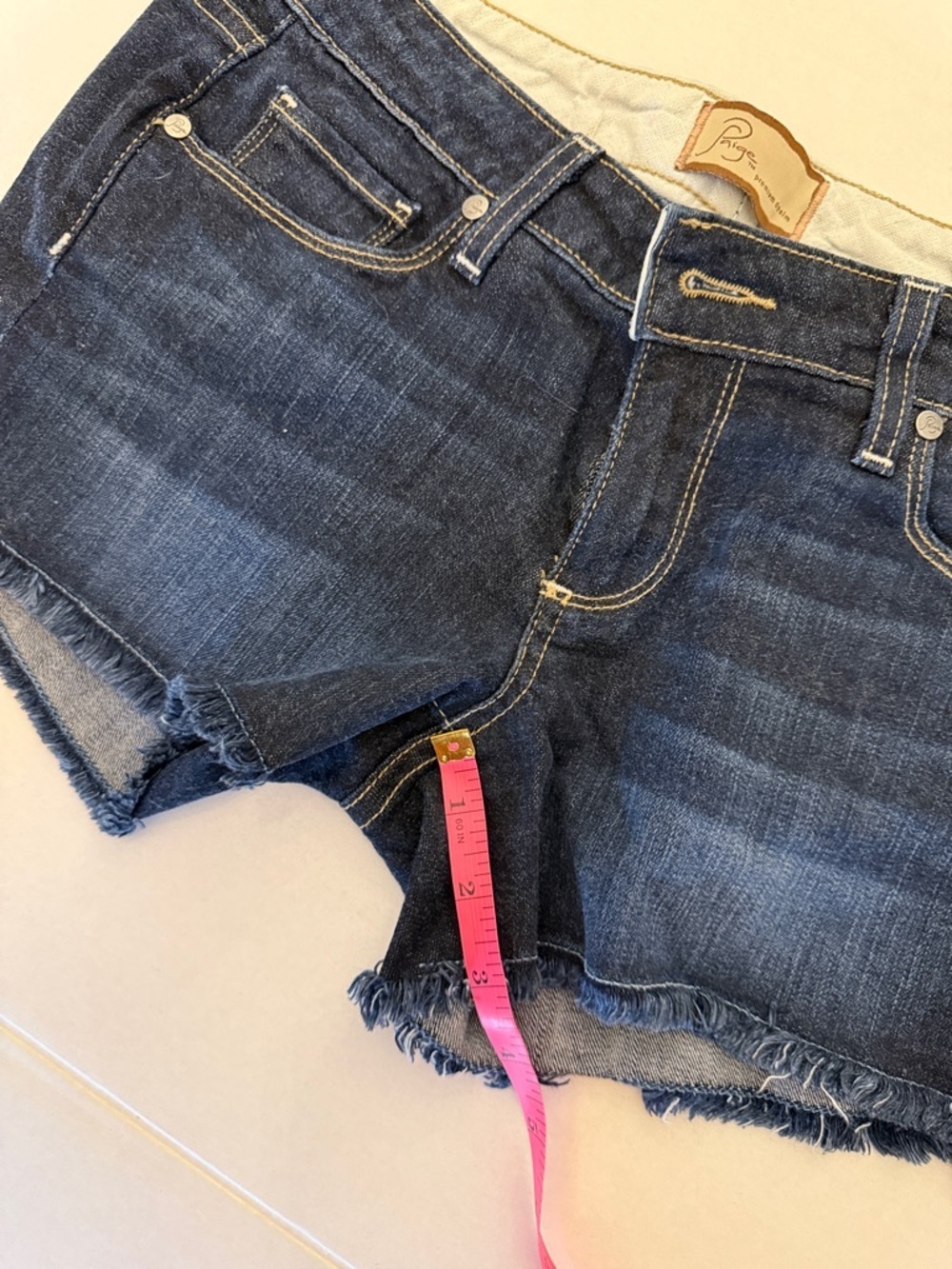 PAIGE Dark Indigo Frayed Hem Jean Shorts - Picture 8 of 9